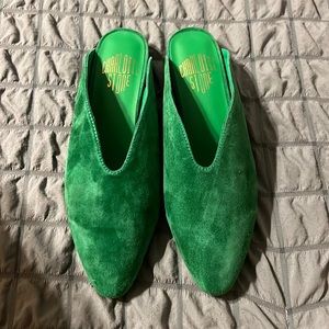 Charlotte Stone suede green mules. Brand new